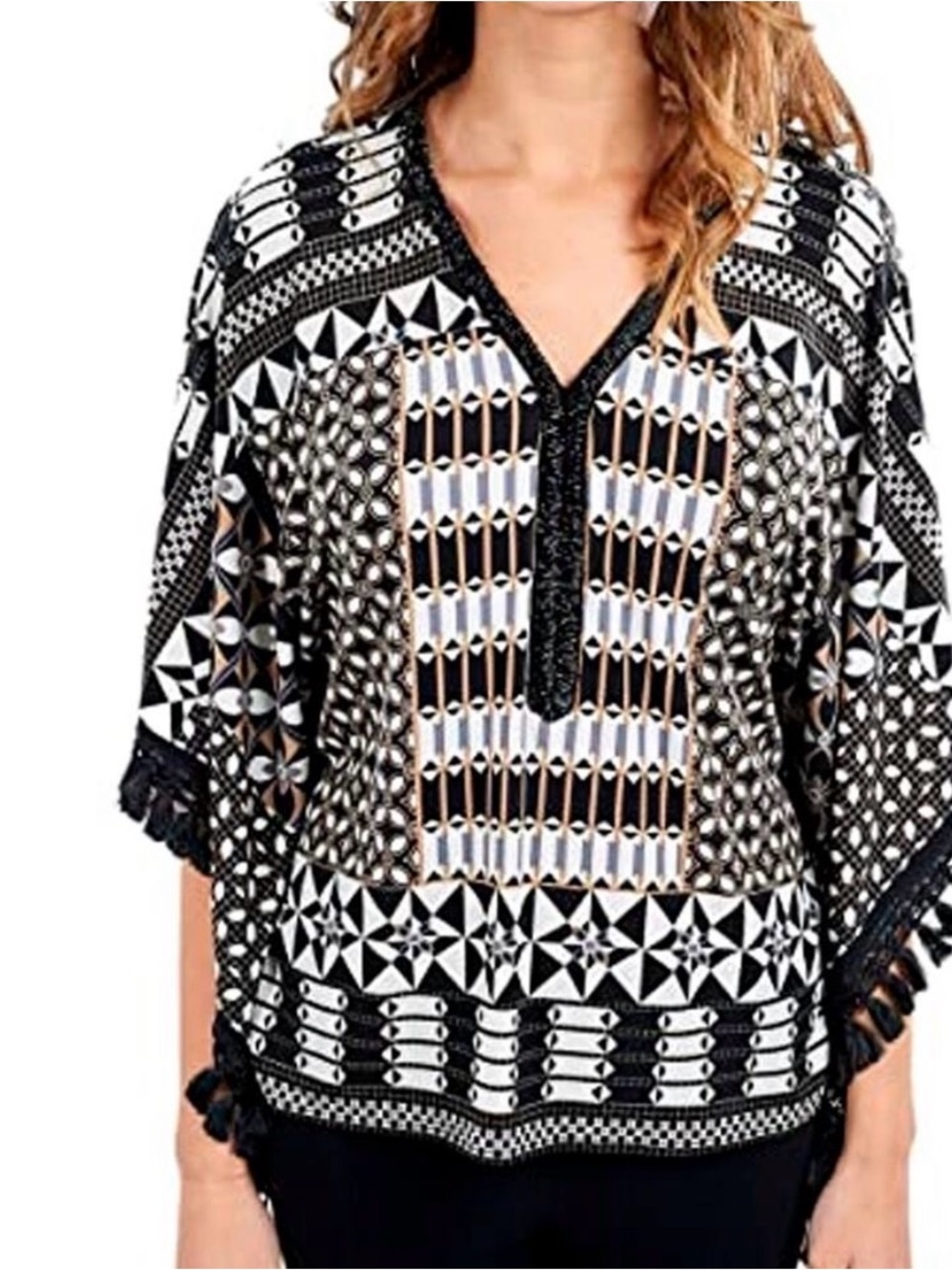 Joseph Ribkoff Black Beige Beaded Fringed Batwing Tunic Oversized Small